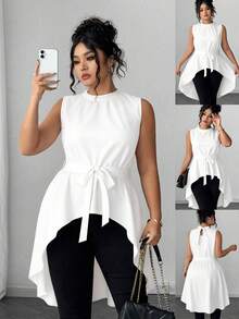 Elenzga Plus Size Elegant White Summer Silky Semi Formal Peplum Top Women,Commuter Solid Color Sleeveless Front Short Back Long High Low Bow Tie Waist Shirt - White - View 1