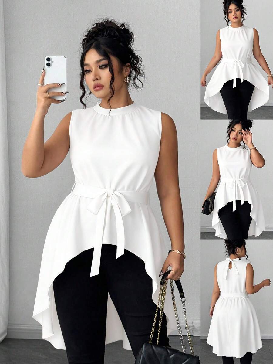 Elenzga Plus Size Elegant White Summer Silky Semi Formal Peplum Top Women,Commuter Solid Color Sleeveless Front Short Back Long High Low Bow Tie Waist Shirt - White - View 1