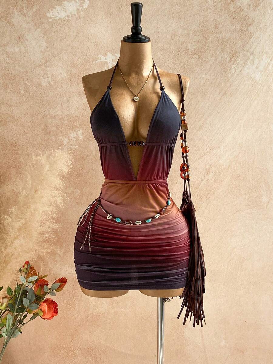 Soleia 女士复古扎染抽象印花深V领露背系带褶皱紧身迷你连衣裙，性感时尚夏季派对、约会、下午茶、海滩度假必备单品 - 彩色 - 查看 1