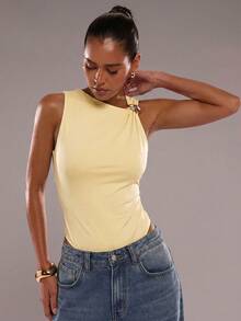 SHEIN BAE 女士夏季时尚休闲通勤简约纯色不对称领金属装饰修身连体衣