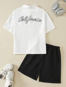Casuvi Kids Bộ đồ hè mới thời trang cho bé trai: áo sơ mi ngắn tay và quần short rộng rãi. - Đen và trắng - Xem 5