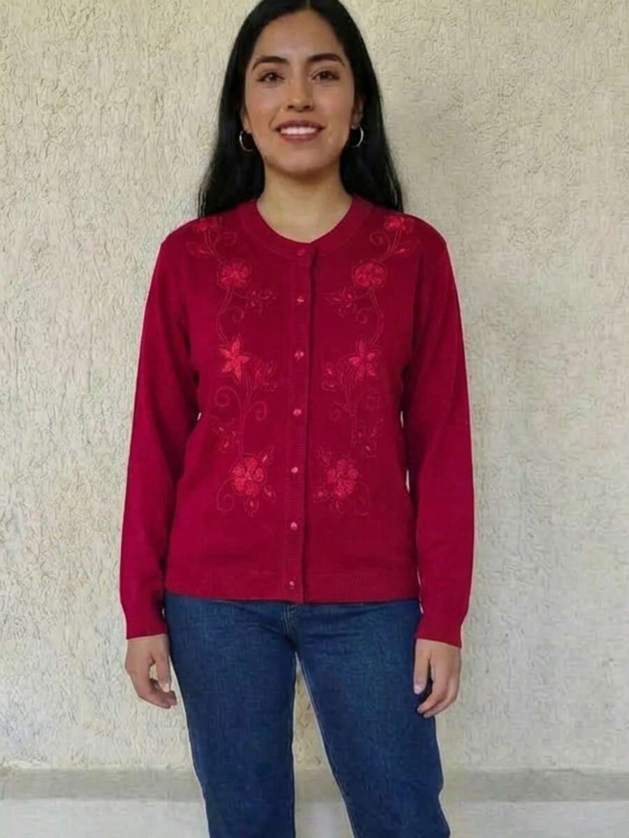 Women's Soft Sweater With Colorful Flower Embroidery - Red - View 1