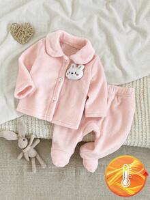 Newborn Cute Bunny Plush Loungewear Set - Pink Cute Bunny Plush Loungewear 2-Piece Combo Cute Bunny Plush Design Pink Sweet Color Long Sleeve Cute Bunny Plush Loungewear Set 2-Piece Combo Social Media Style Cute Bunny Plush 2026 New Year Holiday Essential Autumn Winter Newborn Cute Bunny Plush Loungewear Set - Pink - View 3
