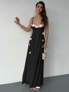 Aloruh 女士优雅3D立体花卉装饰无袖连衣裙 - 黑色 - 查看 5