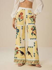 Felipe Marques Women's Floral Print Flare Pants, Casual For Vacation, Party, Autumn/Winter/Spring - Yellow - View 3