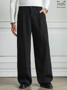 HUEFORM 男士休闲阔腿黑色长裤，带口袋和压褶 - 黑色 - 查看 1