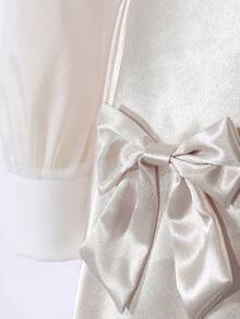 2pcs Girls' Outfit Set: White Woven Blouse With Elegant Chiffon Sleeve & Embroidery Decor, Paired With Satin Skirt, Suitable For Daily Wear, Birthday, Events & Parties White Dress For Girl With Long Sleeve Teen Girls Elegant Long Sleeve Dresses White Modest Dress For Tweens Formal White Dress For Girls - Gold - View 5