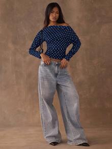 SHEIN BAE Women's Polka Dot Print Ruched Asymmetric Collar Long Sleeve T-Shirt - Navy Blue - View 6