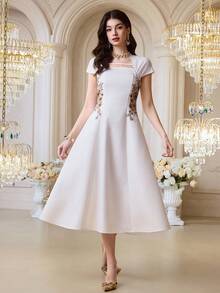 Modelyn Women's Swan Collar Cap Sleeve Floral Embroidery Elegant Mid-Length Dress Wedding Party Dress Bridesmaid Dress - Apricot - View 3