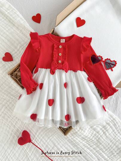 Cozy Pixies Baby Girl Toddler Girl Heart Pattern Embroidered White Mesh Contrast Red Round Neck Ruffle Bow Decor Long Sleeve Waist Dress, Princess Style, Soft & Comfortable, Sweet & Cute, Suitable For Home, Casual, Outing, Street, Party, Valentine's Day, Wedding, Holiday, Travel, Countryside, Leisure Baby Girl Long Sleeve Dress Red And White Babygirl Outfits Strawberry Dress For Baby Girl Red And White Baby Girl Outfit Toddler Red And White Dress
