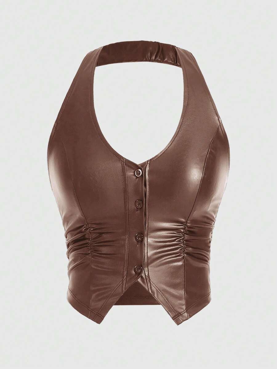 ROMWE Áo camisole nữ kiểu hippie màu trơn chất liệu da PU Hàn Quốc - màu nâu - Xem 1