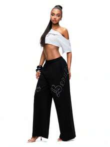 TypaGal Y2K Sexy Black Edgy Chic  Modern Wild Women's Rhinestone Drawstring Waist Slant Pocket Casual Wide Leg Pants Spring Summer  Fashion Street Punk Rock Style Music Festival Concert Hip-Hop Holiday  Going Out - Black - View 5