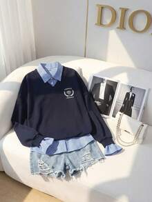 少女字母印花条纹拼接衬衫领二合一长袖休闲卫衣 - 藍色 - 查看 1