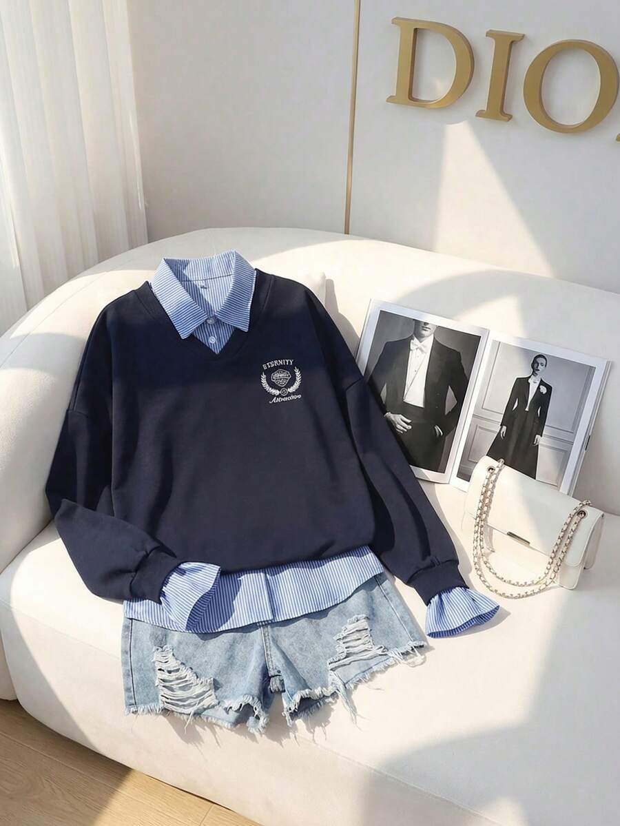 少女字母印花条纹拼接衬衫领二合一长袖休闲卫衣 - 藍色 - 查看 1