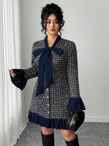 Elenzga 大码女式格子喇叭袖优雅系带领连衣裙 - 藏蓝色 - 查看 3