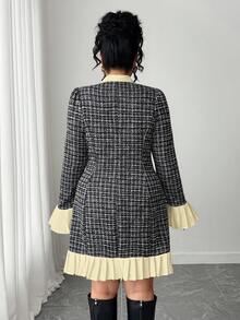 Elenzga 大码女式格子喇叭袖优雅系带领连衣裙 - 杏色 - 查看 2