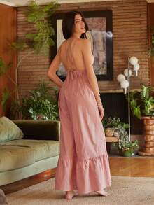 Lullawish Bohemian Vacation Loose Oversized Pink Sexy & Comfortable INS Quality Woven Fabric Women's Jumpsuit, Suitable For Outdoor And Indoor Wear Home Dress For Women Cotton Night Dress Lounge Dress For Women Night Gown Summer Night Gown - Pink - View 2
