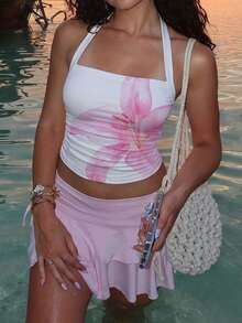 Aloruh Women's Vacation Halter Tie Dye Pink Lily Flower Print Fitted Tank Top, Suitable For Summer, Beach Vacation, Hawaii Vacation, Music Festivals, Can Be Used As Beach Cover-Up, Casual Bikini, Comfortable Swimwear Or Decorative Beach Outfit Spring - White - View 2