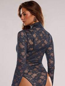 SHEIN BAE Women's Sexy Sheer Floral Lace Stand Collar Long Sleeve Bodysuit - Navy Blue - View 2