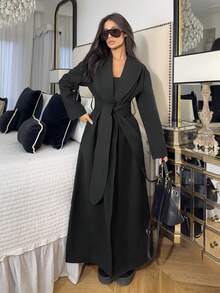 Ronhire Jaqueta longa de manga longa, solta e confortável, com bolsos e cinto, em cor sólida, elegante, para o outono/inverno