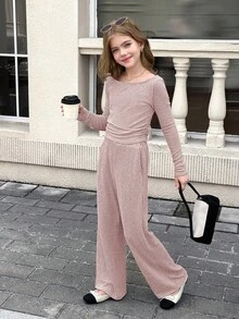 SHEIN Tween Girl Autumn/Winter Casual Fashion Versatile Ribbed Off-Shoulder/Off-Shoulder 2-Way T-Shirt Top With Pockets And Straight Leg Pants Set, Suitable For Weekend, Casual Outing, Back To School, Casual Two Piece Set, Girls Ribbed Set, Ribbed Two Piece Set - Baby Pink - View 10