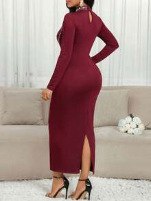 SHEIN Lady Women's Elegant Rhinestone Embellished Split Long Sleeve Dress, Autumn