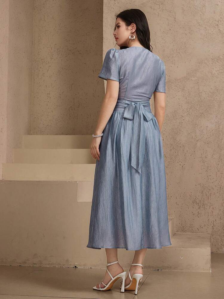 Women's Elegant Solid Color V-Neck Puff Sleeve Tie-Up Shirt & Skirt 2-Piece Set, Summer