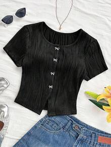 Soleia 女士度假针织红色波浪纹理圆领开衫，搭配精致蝴蝶结金属纽扣，合身下摆开衩 T 恤，适合派对、情人节、农历新年、复活节、狂欢节、下午茶 - 黑色 - 查看 4