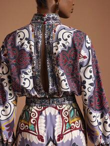 JIAN LASALA Mono de mujer de pierna ancha con estampado boho multicolor, cuello de pico, mangas farol y cintura drapeada. Conjunto de estampado africano para mujer, mono boho para mujer para boda en la playa - Multicolor - Ver 6