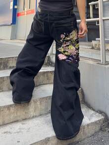 ROMWE MEN Spring Casual Graphic Men'S Floral Embroidered Pocket Wide Leg Loose Casual Jeans - Black - View 2
