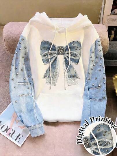 Resyla 热销新品：女士个性化牛仔袖连帽卫衣，饰有铆钉和蝴蝶结。这款时尚吸睛的单品，完美契合街头风和休闲出行，是春秋两季的百搭之选。