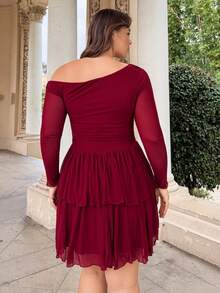 Nezia Cruz Plus Size Elegant Sweet Sexy Women's Black Mesh Asymmetrical Oblique Shoulder Long Sleeve Ruffled Hem Mini Dress, Fairy Core Dress, Suitable For Valentine's Day, Summer, Birthday, Plus Size Formal Party - Burgundy - View 2