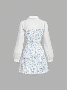 SHEIN MOD 女士复古蓝白印花拼接衬衫裙，适合春季、日常穿着、下午茶、通勤。 - 藍白色 - 查看 3