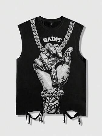 Street Life Camiseta de tirantes casual y versátil para hombres con cuello redondo, estampado de letras y palmas