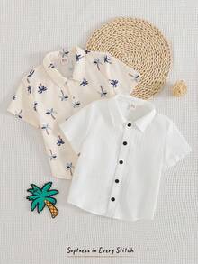 Cozy Pixies 2pcs/Set Young Boys Palm Tree Pattern Lapel Short Sleeve Button-Up Textured Fabric Shirt Set - Multicolor - View 6