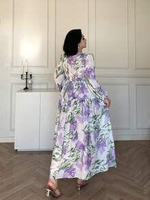 Flirla Women's Floral Print V-Neck Waist Cinched A-Line Maxi Dress, Chiffon, Soft & Lightweight, Garden, Date, Spring & Summer - Purple - View 2