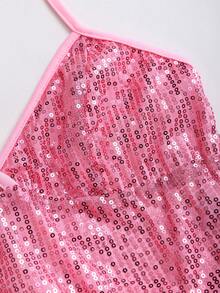 SHEIN Sweetro 2pcs/Set Women's Sequin Camisole With Tie Back And Short Cake Skirt, Spring/Summer - Pink - View 5