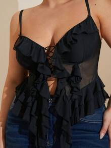SHEIN BAE Plus Size Women's Black Mesh Ruffled Cami Top,Easter Top,Graduation,Club Sexy,Spring,Summer,Holiday Night,Birthday,Wedding,Vacation,Concert