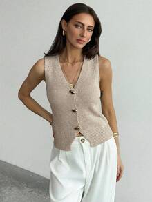 Aloruh Women V-Neck Button Front Casual Versatile Knit Sweater Vest - Apricot - View 3
