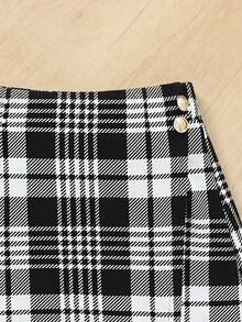 SHEIN Conjunto de camiseta de manga larga acanalada y falda de tweed a cuadros con botones elegante y de oficina para adolescentes - Blanco y Negro - Ver 4
