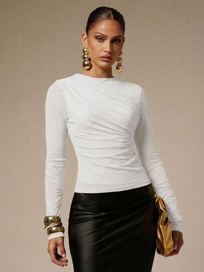 Silquee Women's Elegant Solid Color Pleated Long Sleeve T-Shirt For Commuting, Autumn White Elegant Top White Top Long Sleeve White Top Elegant White Top Women's White Tops