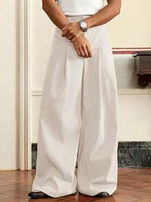 EASEVO Plus Size Men's Solid Color Pleated Waist Belt Loop Casual Loose Pants - Apricot - View 3
