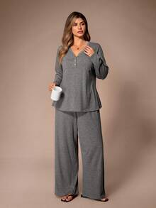 Lazeform Bộ đồ ngủ tay dài cổ chữ V dáng rộng, có khóa kéo nửa thân, cài nút, hai túi, cỡ lớn. - Màu xám đen - Xem 5