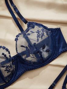 Charlaine Navy Blue Embroidered Floral Underwire Bra & Sheer Low-Waist Thong Lingerie Set