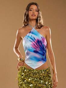 SHEIN BAE Damblus med asymmetrisk fåll och sexig halterneck, tie-dye-mönster - Babyblå - Visa 5