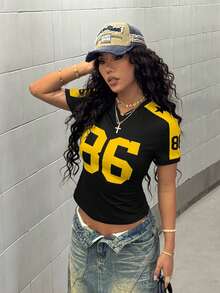 StreetHx Camiseta de manga corta con estampado numérico azul marino para mujer, primavera/verano - Negro - Ver 4