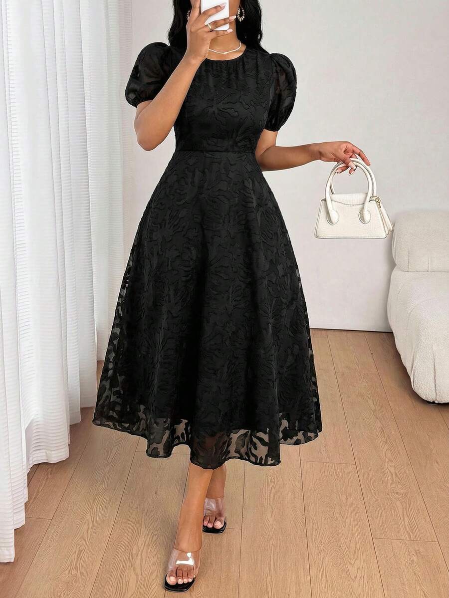 SHEIN Lady 女士纯色圆领优雅短袖中长连衣裙 - 黑色 - 查看 1