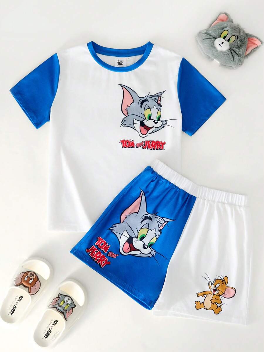 TOM & JERRY X SHEIN Bộ đồ ngủ ngắn tay và quần short in hình chữ hoạt hình ngộ nghĩnh dành cho bé trai tuổi teen, phối màu tương phản, thích hợp cho mùa hè. - Xanh và trắng - Xem 1