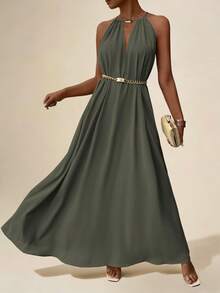 Vesra Women's Sleeveless Halter Neck Dress For Summer Maxi Vacation Beach Outfit Khaki Dress Women Sage Dress Long Dress Summer Green Maxi Dress Women Olive Dress - Army Green - View 3