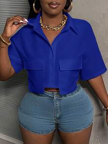 Slaydiva Áo croptop cổ polo trắng có túi, áo sơ mi tay ngắn có túi tiện dụng cho nữ, áo công sở nữ, áo kiểu nữ, quần áo công sở nữ, trang phục công sở nữ. - Màu xanh lam - Xem 6